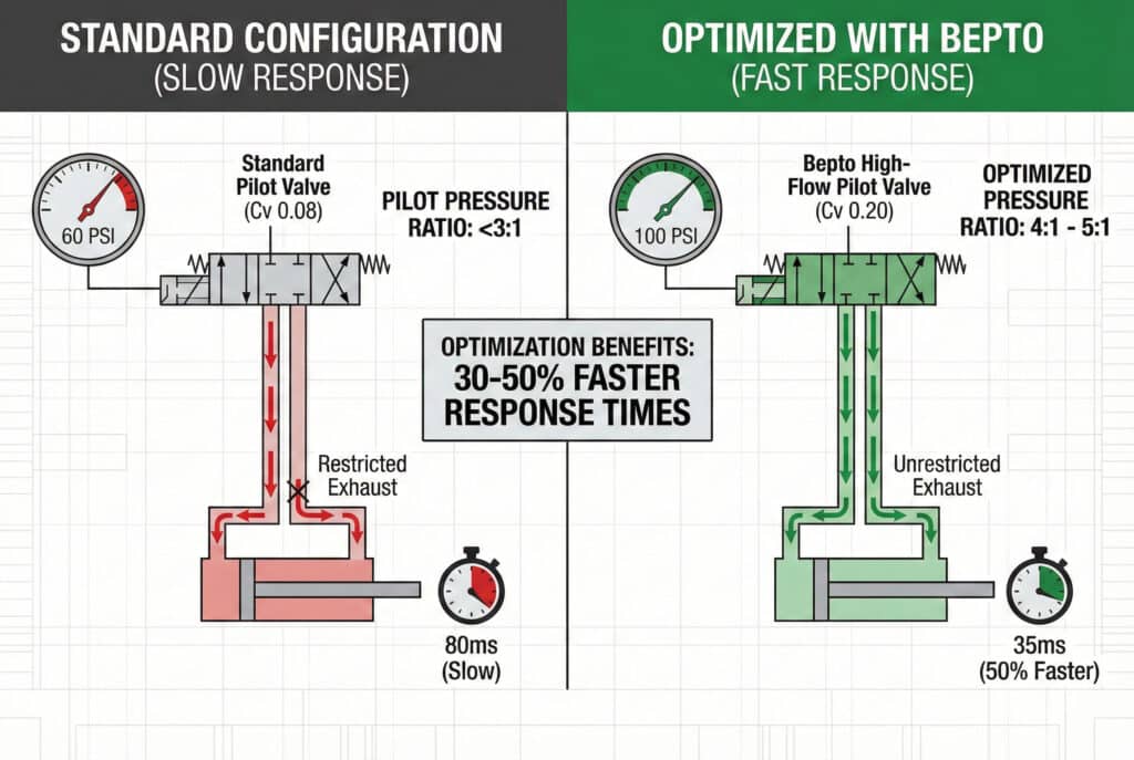 Tehnička infografika s podijeljenim panelima koja kontrastira standardnu pneumatsku konfiguraciju s optimiziranom koristeći Bepto komponente. Lijevi panel, "STANDARDNA KONFIGURACIJA (SPORO ODGOVARANJE)," prikazuje izvor tlaka od 60 PSI, standardni pilot ventil s Cv 0,08 i omjerom pilot tlaka <3:1, te ograničeno odzračivanje što dovodi do vremena odziva od 80 ms. Desni panel, "OPTIMIZIRANO S BEPTO (BRZ ODGOVOR)," prikazuje izvor od 100 PSI, Bepto pilot ventil visokog protoka s Cv 0,20 i optimiziranim omjerom tlaka od 4:1 do 5:1 i neograničenim ispustom, što rezultira vremenom odziva od 35 ms (50% brže). Centralni okvir ističe "PREDNOSTI OPTIMIZACIJE: 30-50% BRŽE VRIJEME ODGOVORA."