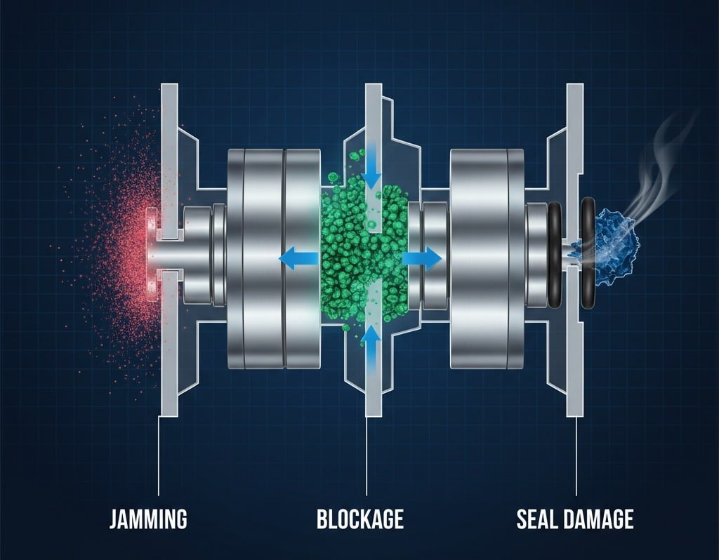 3D průřez pneumatického ventilu ilustrující tři různé způsoby poruchy způsobené znečištěním: drobné červené částice způsobující "zaseknutí" na okraji pístu, zelené částice vytvářející "ucpání" v centrálním vzduchovém průchodu a větší modré částice způsobující "poškození těsnění" na O-kroužku, přičemž kouř indikuje poruchu.