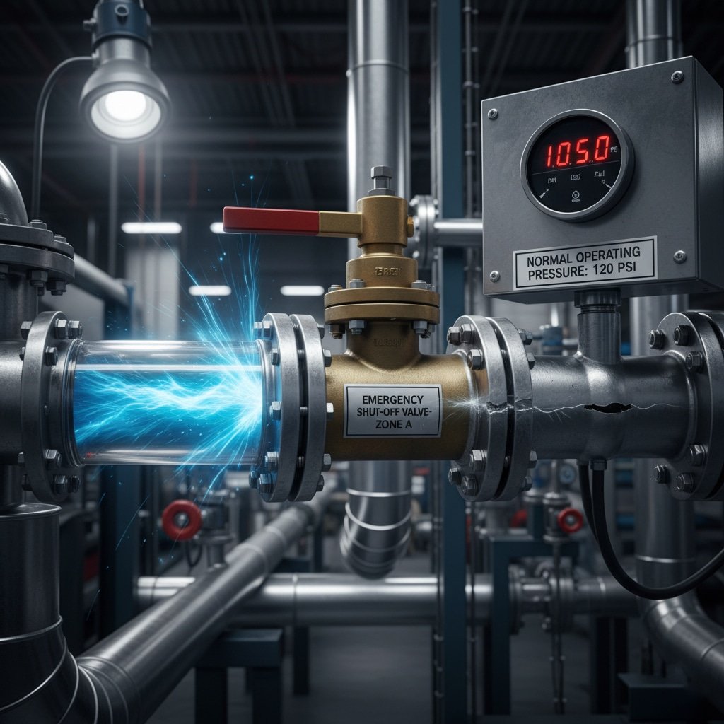 Průmyslový pneumatický systém s průhledným úsekem potrubí, na kterém je vidět jasně modrý nárůst energie představující vzduchový ráz. Výrazně je vyobrazen mosazný ventil s nápisem "EMERGENCY SHUT-OFF VALVE: ZONE A", digitální manometr zobrazující "1050 psi" a štítek "NORMAL OPERATING PRESSURE: 120 PSI", který znázorňuje destruktivní nárůst tlaku způsobený vzduchovým rázem.