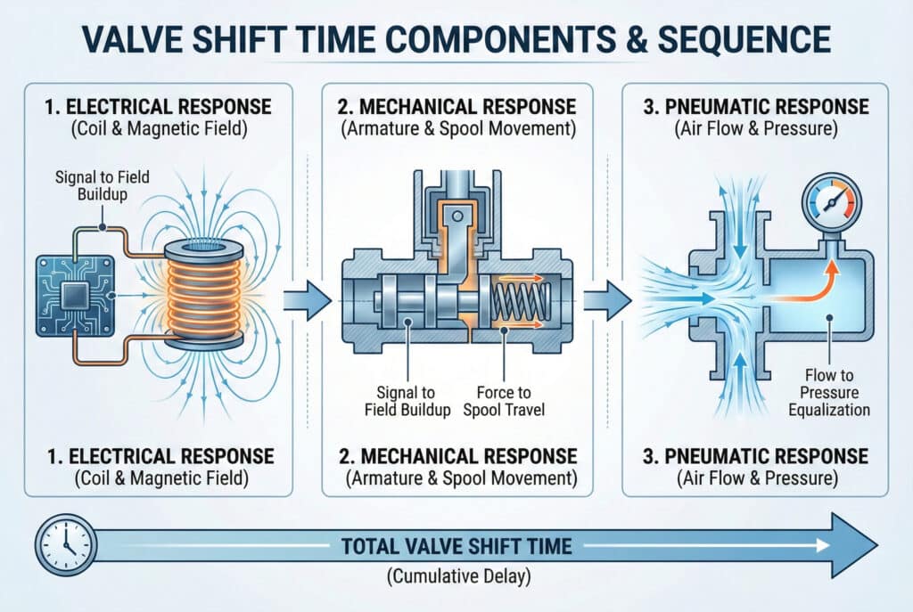 Tehnički infografski dijagram koji ilustrira tri uzastopne komponente vremena preklopa ventila: s lijeve strane 'Električni odziv' koji prikazuje energizaciju zavojnice; u sredini 'Mehanički odziv' koji prikazuje kretanje armature i klipa; i s desne strane 'Pneumatski odziv' koji ilustrira protok zraka i izjednačavanje pritiska. Akumulativna vremenska strelica na dnu označava 'Ukupno vrijeme preklopa ventila'.