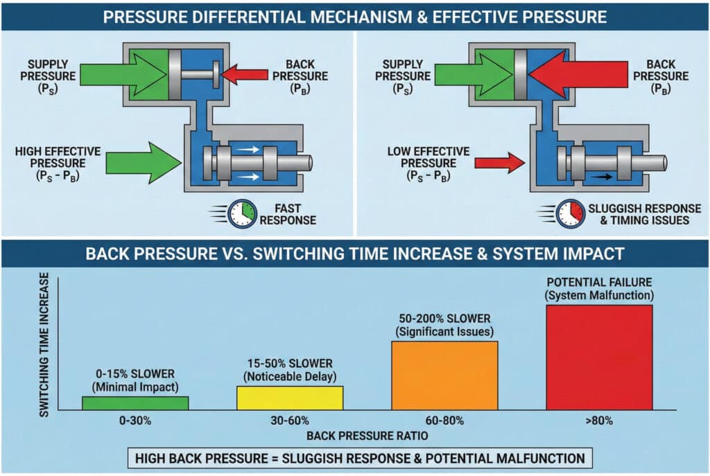 Tehnička infografika ilustrira kako povratni pritisak utječe na odziv ventila. Gornji panel, "MEHANIZAM DIFERENCIJALNOG PRITISKA I EFEKTIVNI PRITISAK", koristi dva dijagrama da pokaže da visoki povratni pritisak (crvena strelica) koji se suprotstavlja pritisku napajanja (zelena strelica) rezultira niskim efektivnim pritiskom i "SPORO ODGOVARANJE" sa ikonom sata. Suprotno tome, niski povratni pritisak dovodi do visokog efektivnog pritiska i "BRZOG ODGOVORA". Donji panel, stupac pod nazivom "POVRATNI PRITISAK NASPRAM POVEĆANJE VREMENA PREKLAPANJA I UTIJECAJ NA SISTEM," pokazuje da kako se "OMJER POVRATNOG PRITISKA" povećava od 0-30% do >80%, "POVEĆANJE VREMENA PREKLAPANJA" raste od "0-15% SPOROJIJE (Minimalni utjecaj)" do "MOGUĆEG NEUSPJEHA (Kvar sistema)." U završnom tekstualnom okviru stoji: "VISOKI POVRATNI PRITISAK = SPORO ODGOVARANJE I POTENCIJALNO NEISPRAVNO RADENJE."