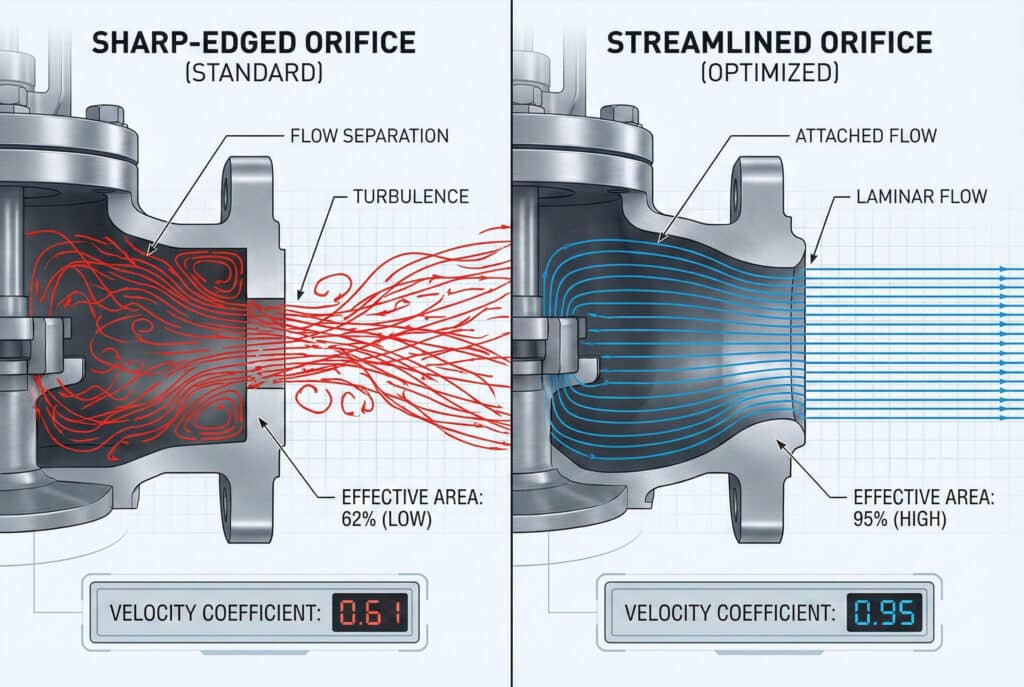 Tehnički dijagram s podijeljenim ekranom koji uspoređuje protok zraka kroz dva otvora ventila. S lijeva, "OTVOR OŠTRIH IVICA (STANDARD)" prikazuje turbulentan, crveni protok zraka sa značajnim odvajanjem protoka i smanjenom efektivnom površinom od 62%, te koeficijentom brzine od 0,61. Na desnoj strani, "STREAMLINED ORIFICE (OPTIMIZED)" prikazuje glatki, plavi laminarni protok zraka s prianjajućim tokom, maksimaliziranu efektivnu površinu od 95% i koeficijent brzine od 0,95. Ovo vizualizira kako geometrija otvora utječe na učinkovitost protoka, kako je opisano u članku.