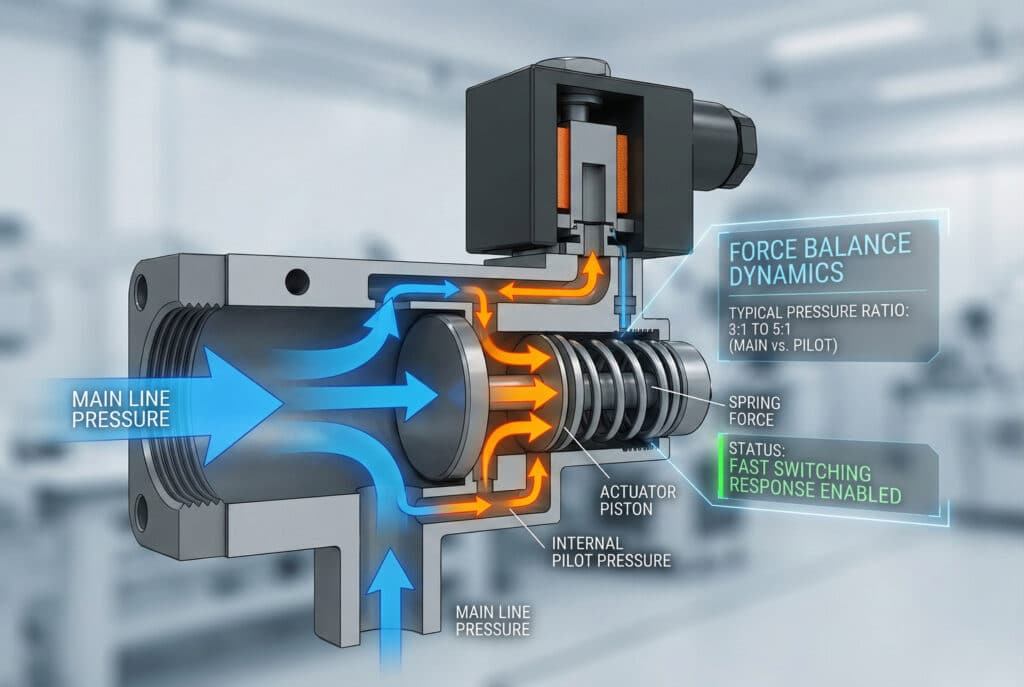 Tehnički poprečni presjek pneumatskog solenoidnog ventila koji ilustrira dinamiku ravnoteže sila. Plavi strelicama prikazuju tlak glavne linije, dok narančaste strelicama ističu tlak unutarnjeg pilota koji djeluje na klip aktuatora kako bi nadvladao silu opruge. Digitalni prikaz potvrđuje tipični omjer tlaka od 3:1 do 5:1 i status brzog odziva prebacivanja.