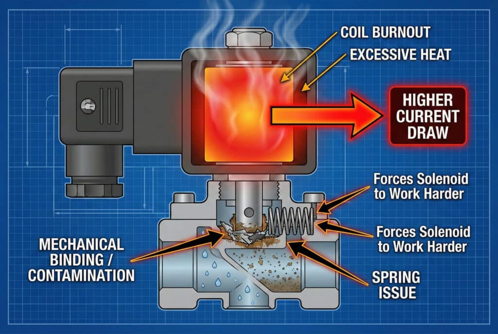 Tehnički dijagram koji ilustrira lančanu reakciju kvara solenoidne zavojnice. Presjek solenoidnog ventila pokazuje "MEHANIČKO ZALJEPAVANJE / KONTAMINACIJU" sa česticama otpada i "PROBLEM S OPRUGO" koji tjera unutrašnji klizač da se zalijepi. To dovodi do "VEĆEG POTROŠNjA STRUJE", što uzrokuje da se zavojnica usijava do crvenilo sa "PREKOMJERNOM TOPLINOM", rezultirajući "ISPALJIVANJEM ZAVOJNICE" i vidljivim dimom.