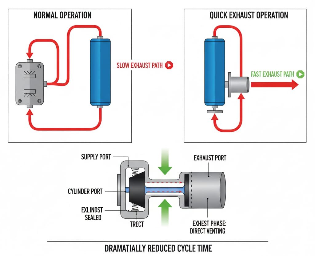 Ένα λεπτομερές διάγραμμα που απεικονίζει τη μηχανική λειτουργία και τα οφέλη μιας πνευματικής βαλβίδας ταχείας εξαγωγής. Στο επάνω τμήμα συγκρίνεται η κανονική λειτουργία, όπου ο αέρας εξαγωγής παίρνει μια αργή, δαιδαλώδη διαδρομή, με τη λειτουργία ταχείας εξαγωγής, που δείχνει μια άμεση, γρήγορη διαδρομή εξαγωγής από τον κύλινδρο. Η κάτω τομή παρέχει μια εγκάρσια άποψη του εσωτερικού μηχανισμού της βαλβίδας, όπου παρουσιάζονται λεπτομερώς οι θύρες παροχής, κυλίνδρου και εξαγωγής και ο τρόπος με τον οποίο το εσωτερικό στοιχείο μετατοπίζεται για να επιτρέψει την άμεση εξαέρωση, υπογραμμίζοντας τον τρόπο με τον οποίο οι βαλβίδες ταχείας εξαγωγής μειώνουν τον χρόνο κύκλου.