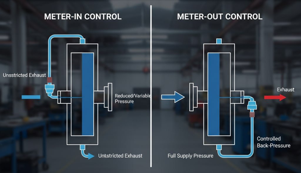 Et detaljeret diagram, der sammenligner "Meter-In Control" og "Meter-Out Control" for pneumatiske cylindre. Meter-in-diagrammet viser begrænset lufttilførsel og ubegrænset udstødning, hvilket resulterer i reduceret tryk. Meter-out-diagrammet illustrerer fuldt forsyningstryk og begrænset udstødning, hvilket skaber kontrolleret modtryk. De ledsagende tekstbokse fremhæver de vigtigste forskelle i placering af flowkontrol, kammertryk og kontrolmekanisme. Teksten på billedet er på engelsk og stavet korrekt.