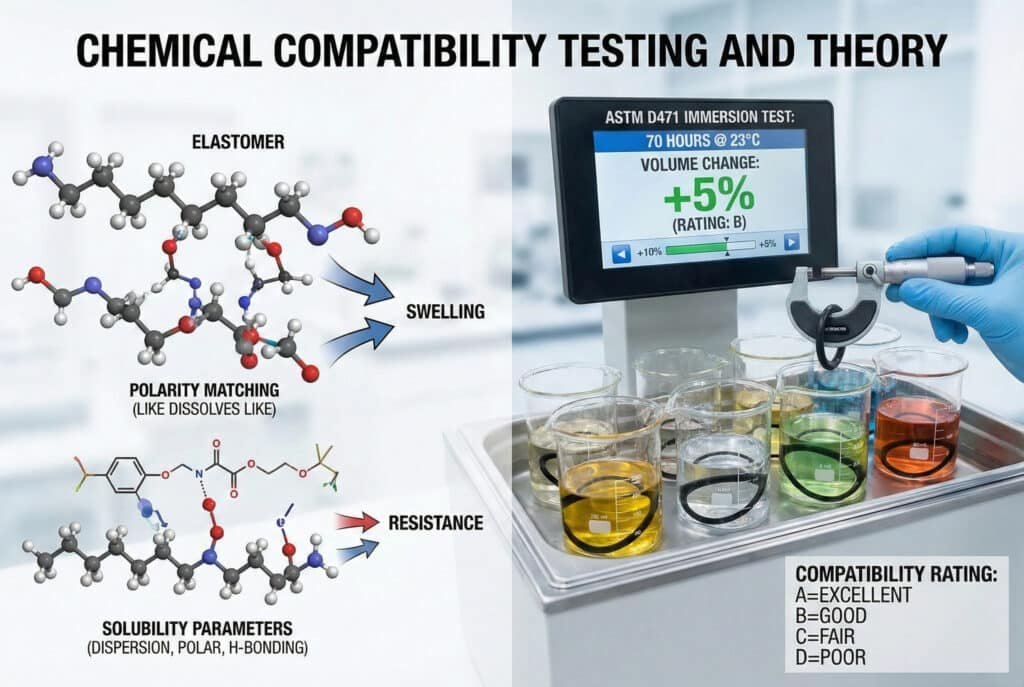 Композитная диаграмма под названием "ИСПЫТАНИЯ ХИМИЧЕСКОЙ СОВМЕСТИМОСТИ И ТЕОРИЯ". Левая панель иллюстрирует молекулярные теории, показывая, как "СООТВЕТСТВИЕ ПОЛИАРНОСТИ" и "ПАРАМЕТРЫ РАСТВОРИМОСТИ" приводят к "НАБОРА ВОДЫ" или "УСТОЙЧИВОСТИ" в эластомерах. Правая панель показывает лабораторную установку для "ИСПЫТАНИЯ ПОГРУЖЕНИЕМ ASTM D471", где рука в перчатке использует микрометр для измерения уплотнительного кольца после погружения в стаканы с цветными испытательными жидкостями. На цифровом экране отображаются результаты испытаний, такие как "ИЗМЕНЕНИЕ ОБЪЕМА: +5% (РЕЙТИНГ: B)", наряду с легендой рейтинга совместимости от A (отлично) до D (плохо).