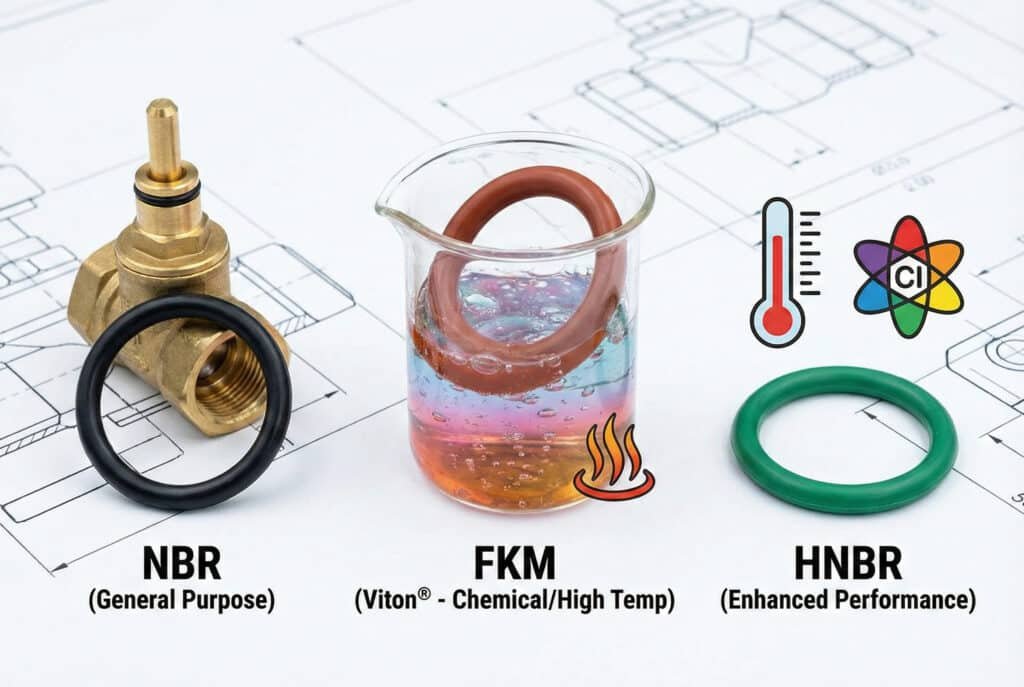 Три уплотнительных кольца клапана, изображенные на фоне инженерного чертежа. Слева показано черное уплотнение из NBR рядом с латунным компонентом клапана с надписью "Общего назначения". В центре красно-коричневое уплотнение из FKM (Viton®) погружено в стакан с цветной жидкостью и значком тепла с надписью "Химическое/высокая температура". Справа зеленое уплотнение из HNBR расположено рядом с термометром и значками химической структуры с надписью "Повышенная производительность", что иллюстрирует пригодность материала для различных условий эксплуатации.