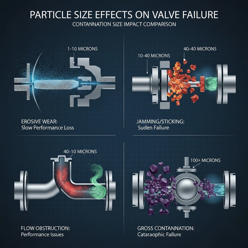 Čtyřpanelový diagram znázorňující vliv různých velikostí částic na selhání ventilu, od erozivního opotřebení způsobeného částicemi o velikosti 1-10 mikronů až po katastrofické selhání způsobené částicemi o velikosti nad 100 mikronů.