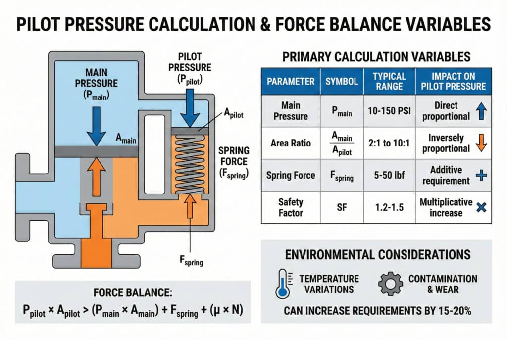 Tehnička infografika pod nazivom "PILOT PRESSURE CALCULATION & FORCE BALANCE VARIABLES" prikazuje dijagram ventila, jednadžbu ravnoteže sila, tabelu osnovnih varijabli za proračun (glavni pritisak, omjer površina, sila opruge, faktor sigurnosti) i odjeljak o okolišnim faktorima poput temperaturnih varijacija i kontaminacije.