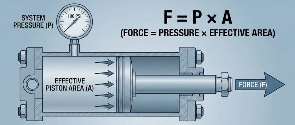 Tehnički dijagram i tabela podataka ilustruju odnos između sistema pritiska i sile aktuatora. Gornji dijagram prikazuje presjek pneumatskog cilindra sa strelicama koje ukazuju na sistemski pritisak (P) koji djeluje na površinu klipa (A) kako bi se stvorila rezultantna sila (F), prema formuli F = P × A. Ispod njega, tabela upoređuje izlazne sile (u lbs) za cilindre promjera 2", 4" i 6" pri sistemskim pritiscima od 60, 80, 100 i 120 PSI.