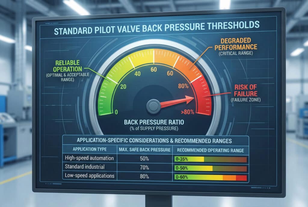 Tehnička infografika prikazana na monitoru prikazuje mjerač pod nazivom "STANDARDNI PRAGOVI POVRATNOG PRITISKA PILOTSKOG VENTILA". Mjerač je podijeljen u tri obojene zone koje označavaju "Omjer povratnog pritiska (% pritiska dovoda)": "POUZDANO RADENJE" (0–60%, zelena/žuta), "SMANJENE PERFORMANSE" (60–80%, narandžasta) i "RISK OD NEUSPJEHA" (>80%, crvena), sa kazaljkom usmjerenom na crvenu zonu. Ispod mjerača, tabela navodi "Razmatranja specifična za primjenu i preporučene raspone", s detaljima o maksimalnom sigurnom povratnom pritisku i preporučenim radnim rasponima za primjene visokobrzinske automatizacije, standardne industrijske primjene i primjene niskobrzinske automatizacije.