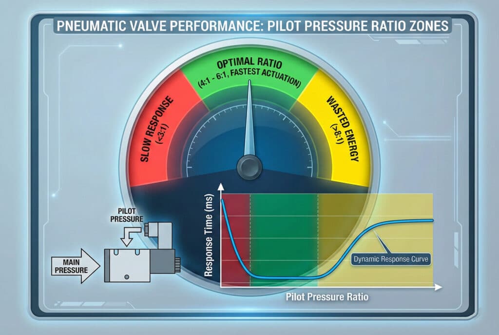 Tehnička infografika koja ilustrira performanse pneumatskog ventila na osnovu omjera pilot-pritiska. Centralni mjerač prikazuje tri obojene zone: crvenu zonu "SPORO ODGOVARANJE (8:1)", s kazaljkom usmjerenom prema zelenoj zoni. Ispod mjerača, grafikon pod nazivom "Dinamička kriva odziva" prikazuje "Vrijeme odziva (ms)" u odnosu na "Omjer pilot pritiska", pokazujući da se vrijeme odziva smanjuje, a zatim stabilizira kako omjer raste, pri čemu se optimalni učinak nalazi u zelenom dijelu. Slijeva je dijagram pneumatskog ventila s ulazima "GLAVNI PRITISAK" i "PILOT PRITISAK".