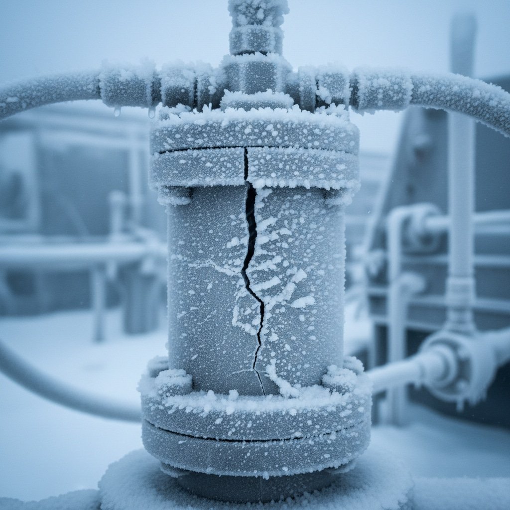 Kalın don ve buzla tamamen kaplanmış büyük bir endüstriyel vananın yakından görünümü, ana muhafazayı çatlatan belirgin bir dikey kırılgan kırılma ile aşırı sıfırın altındaki koşullarda katastrofik arızayı göstermektedir.