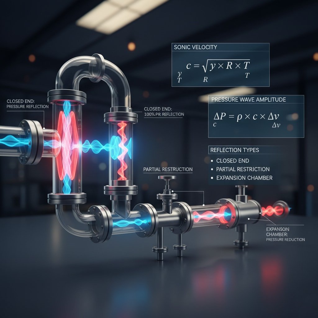 Složité schéma průhledného pneumatického potrubního systému ilustrující fyziku šíření vln. Modré a červené tlakové vlny se odrážejí od různých zakončení potrubí (uzavřený konec, částečné omezení, expanzní komora) a zároveň jsou zobrazeny vzorce pro "SONIC VELOCITY" (c = √(γ × R × T)) a "PRESSURE WAVE AMPLITUDE" (ΔP = ρ × c × Δv) se seznamem "REFLECTION TYPES" včetně uzavřeného konce, částečného omezení a expanzní komory.
