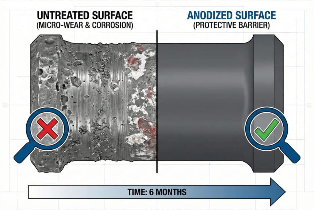 Rozdelený diagram porovnávajúci povrchy ventilových špirál po šiestich mesiacoch. Ľavá strana s označením "NEUPRAVENÝ POVRCH (MIKROOPOTREBENIE A KORÓZIA)" vykazuje výrazné vrypy, hrdzu a poškodenie označené červeným zväčšovacím sklom s písmenom 'X'. Pravá strana s označením "ELOXOVANÝ POVRCH (OCHRANNÁ BARIÉRA)" ukazuje hladký, nepoškodený, tmavošedý povrch so zelenou lupou v tvare začiarknutia. Šípka časovej osi v spodnej časti označuje trvanie "ČAS: 6 MESIACOV", čo ilustruje dlhodobé ochranné výhody eloxovania.