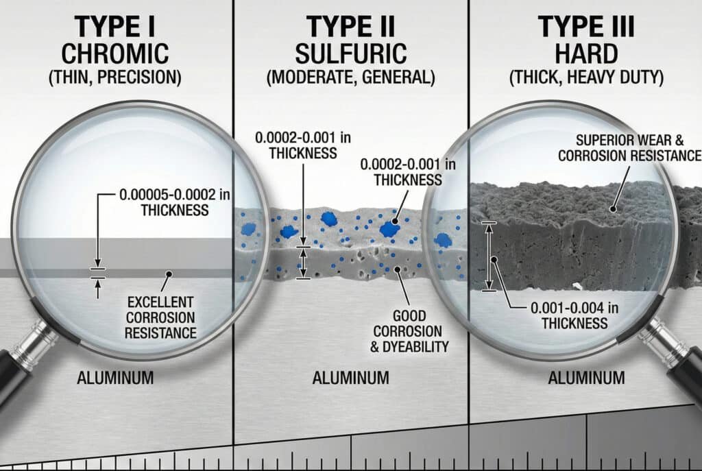 Trojdielny technický diagram s použitím lupy na porovnanie mikroskopických priečnych rezov eloxovaného hliníka. Zľava doprava: Typ I Chromický (tenký, presný) s vynikajúcou odolnosťou proti korózii; Typ II Sírový (stredný, všeobecný) s dobrou odolnosťou proti korózii a farbeniu modrými farbiacimi časticami; a Typ III Tvrdý (hrubý, odolný) s vynikajúcou odolnosťou proti opotrebeniu a korózii s najhrubšou vrstvou oxidu.