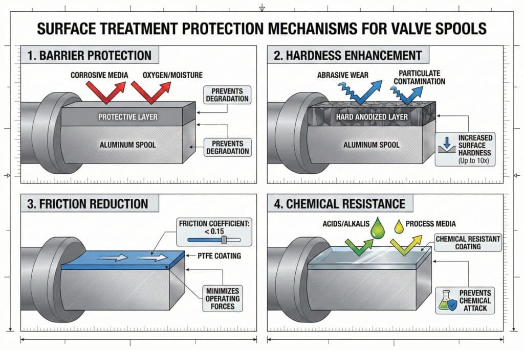 Štvordielny technický diagram ilustrujúci primárne mechanizmy ochrany povrchovej úpravy ventilových špirál: vytvorenie fyzických bariér proti korózii, zvýšenie tvrdosti povrchu na odolnosť proti opotrebeniu, zníženie koeficientov trenia pomocou povlakov ako PTFE a zabezpečenie chemickej odolnosti proti agresívnym médiám, ako sú kyseliny a zásady.
