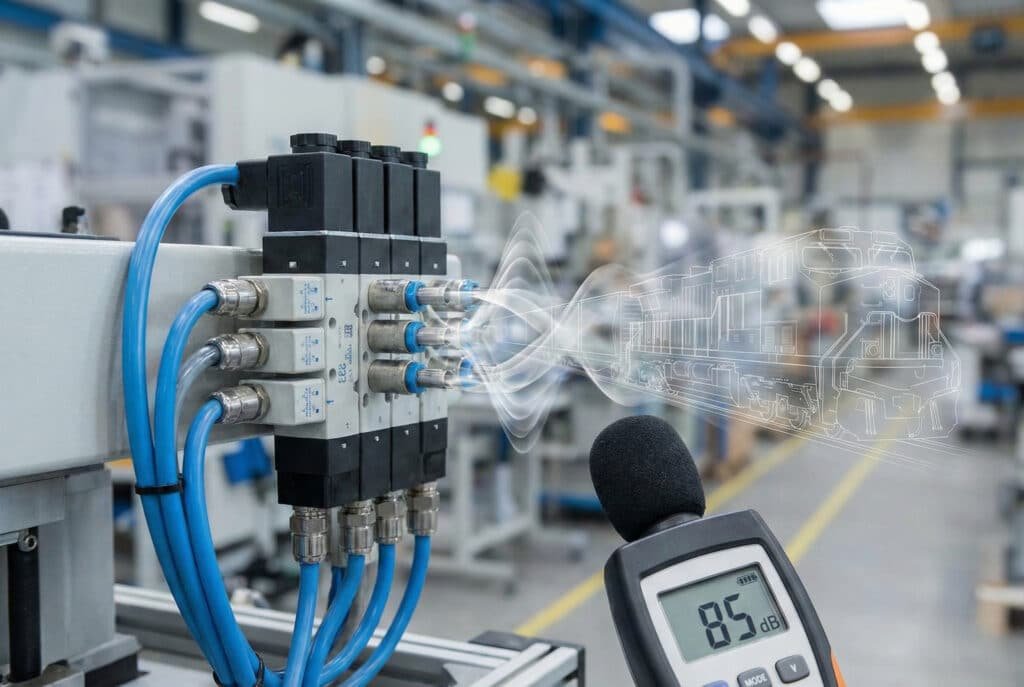 Skaņas līmeņa mērītājs, kas rāda 85 dB, ir novietots priekšā pneimatiskajam vārstu kolektoram rūpnīcas iestatījumos. No vārsta izplūst caurspīdīgas skaņas viļņi, vizuāli veidojot kravas vilciena kontūru, ilustrējot rakstā aprakstīto akustisko signatūru un trokšņa līmeni.