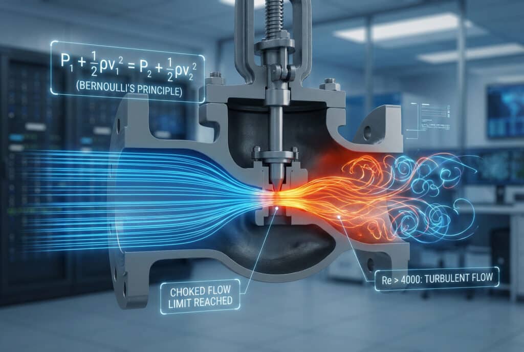 Tehnička poprečna ilustracija industrijskog ventila koja prikazuje principe dinamike fluida. Glatke plave linije predstavljaju laminarni protok koji ulazi s lijeve strane, ubrzava i pretvara se u kaotični narančasti turbulentni protok na sužavanju, ilustrirajući Bernoullijev princip i efekte Reynoldsovog broja. Holografske etikete eksplicitno označavaju "BERNOULLIJEV PRINCIP", "DOSEGRANIJE GRANIČNOG STANJA USKOG PROLAZA" i "Re > 4000: TURBULENTNI TEK", vizualno sažimajući ključne mehaničke koncepte o kojima se raspravlja u članku.