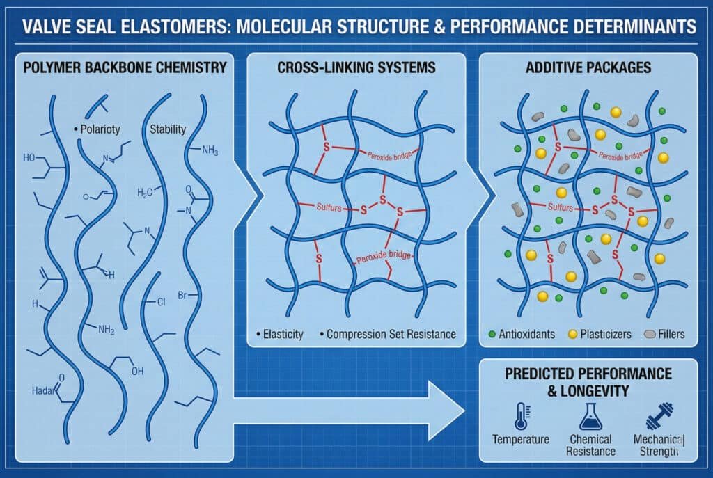 Техническая схема, иллюстрирующая факторы, влияющие на характеристики эластомера уплотнения клапана. Три панели показывают прогрессию от "химии полимерного остова" (молекулярные цепи) через "системы сшивания" (образование сетей с помощью серы или перекиси) до "пакетов добавок" (включая антиоксиданты и наполнители). Большая стрелка указывает, что они определяют "прогнозируемую производительность и долговечность" с точки зрения температуры, химической стойкости и механической прочности.