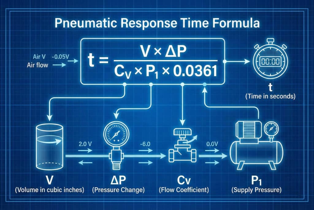 Tehnički dijagram u stilu nacrta koji ilustrira formulu za vrijeme pneumatskog odziva. Istaknuta je jednačina "t = (V × ΔP) / (Cv × P₁ × 0.0361)", sa strelicama koje povezuju svaku varijablu s ikonama koje predstavljaju zapreminu, promjenu pritiska, koeficijent protoka, pritisak napajanja i vrijeme.