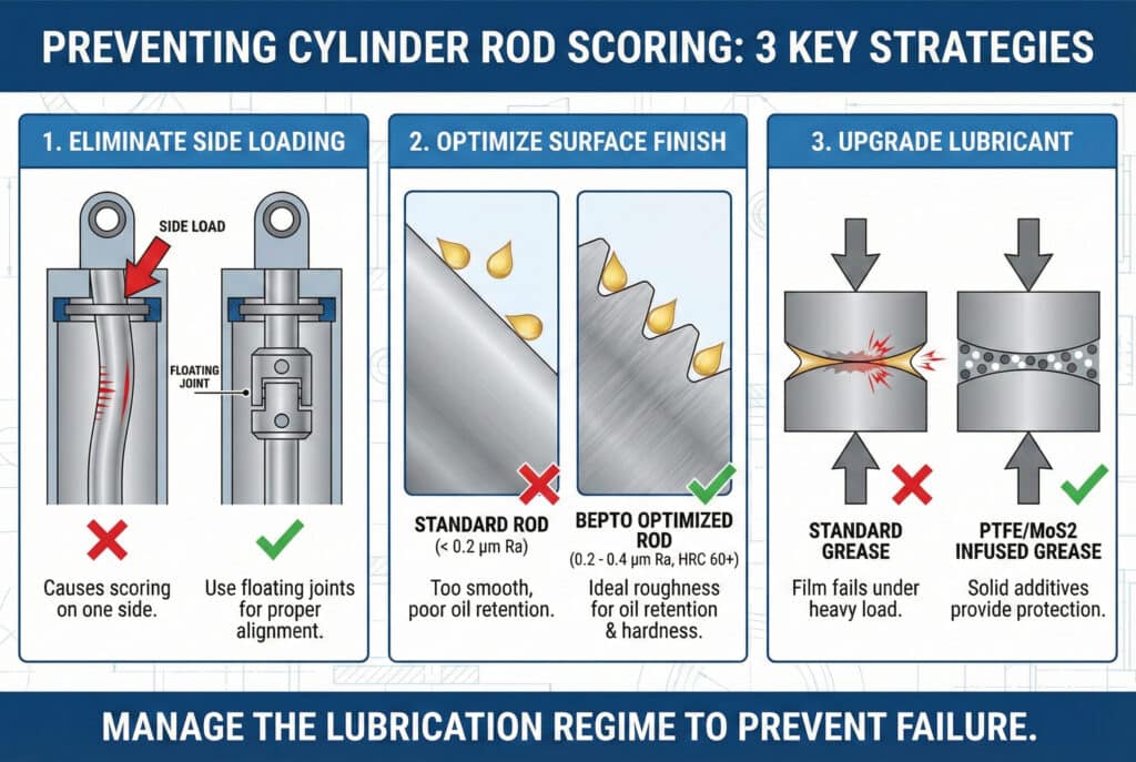 Infografika pod naslovom "SPREČAVANJE OGREBANJA KLIPNE ŠIPKE: 3 KLJUČNE STRATEGIJE". Panel 1, "ELIMINIŠITE BOKOVO OPTEREĆENJE", prikazuje kako bočna opterećenja uzrokuju oštećenja i kako plutajući zglob to sprječava. Panel 2, "OPTIMIZIRAJTE ZAVRŠNU OBRADU POVRŠINE", uspoređuje "STANDARDNU ŠIPKU" (previše glatku) s "BEPTO OPTIMIZIRANOM ŠIPKOM" (idealna hrapavost za zadržavanje ulja). Panel 3, "POBOLJŠANJE LUBRICIJENTA", ilustrira otkaz "STANDARDNE MAŠTAŠE" pod opterećenjem naspram "MAŠTAŠE NAPUNJENE PTFE/MoS2" koja pruža čvrstu zaštitu.