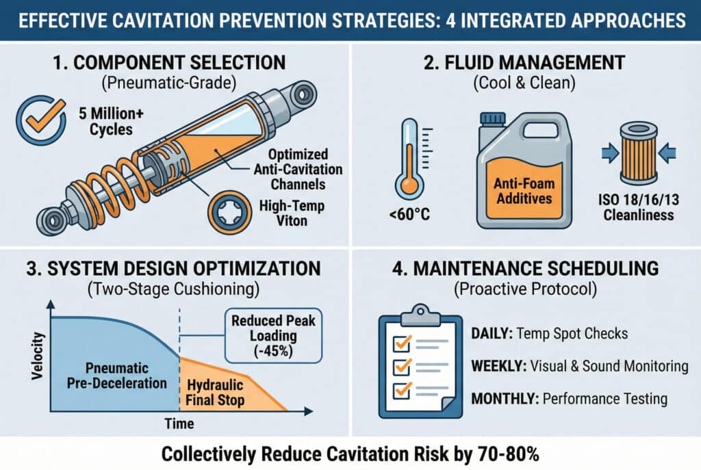Infografika od četiri panela pod naslovom "Efikasne strategije prevencije kavitacije" detaljno prikazuje integrirane pristupe. Panel 1 ističe odabir komponenti uz dijagram pneumatskog amortizera. Panel 2 obuhvata upravljanje tečnostima s ikonama za temperaturu ispod 60 °C i čistu tečnost. Panel 3 ilustrira optimizaciju dizajna sistema pomoću grafikona dvostupanjskog prigušivanja. Panel 4 prikazuje proaktivni raspored održavanja s kontrolnom listom.