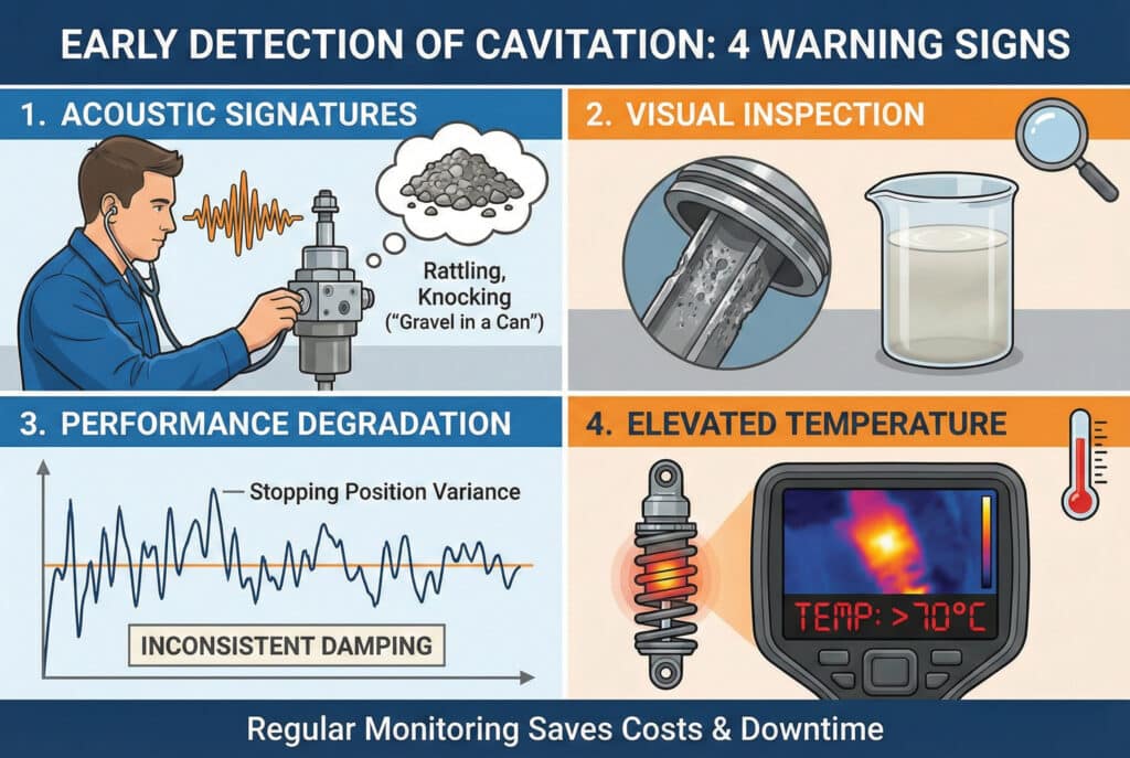 Infografika sa četiri panela koja ilustrira rano otkrivanje znakova upozorenja na kavitaciju. Paneli prikazuju akustične potpise sa zvukom 'šljunka u limenci', vizuelni pregled klipnjače s udubljenjima i mliječnog fluida, pad performansi s nepravilnim grafikonom zaustavne pozicije te povišenu temperaturu izmjerenu termalnom kamerom na preko 70 °C.