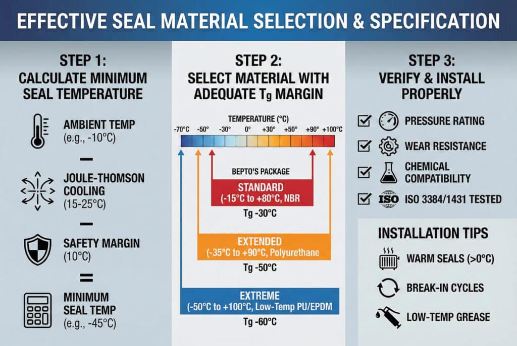 Tehnička infografika pod nazivom "EFFECTIVE SEAL MATERIAL SELECTION & SPECIFICATION" koja detaljno opisuje proces u tri koraka. Korak 1 objašnjava izračunavanje minimalne radne temperature brtve oduzimanjem Joule-Thomsonovog hlađenja i sigurnosne marže od ambijentalne temperature. Korak 2 prikazuje odabir materijala s odgovarajućom razlikom Tg, prikazujući Beptoove standardne (NBR), proširene (poliuretan) i ekstremne (niskotemperaturni PU/EPDM) pakete na temperaturskoj skali. Korak 3 navodi provjere za pritisak, habanje i hemijsku kompatibilnost, zajedno s savjetima za ugradnju, razdobljima prilagođavanja i podmazivanju brtvi.