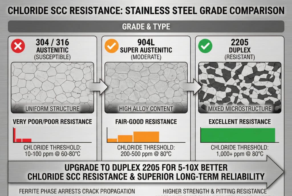 อินโฟกราฟิกเปรียบเทียบทางเทคนิคที่แสดงการต้านทานคลอไรด์ของ SCC ในเกรดสแตนเลสต่างๆ โดยเปรียบเทียบเกรด 304/316 ที่ไวต่อการกัดกร่อน (เกณฑ์ 10-100 ppm) กับเกรด 904L ที่มีความต้านทานปานกลาง (200-500 ppm) และเกรด 2205 Duplex ที่มีความต้านทานสูง (1,000+ ppm)แผนภาพโครงสร้างจุลภาคเน้นโครงสร้างผสมของ Duplex และแถบด้านล่างเน้นการอัปเกรดเป็น 2205 เพื่อเพิ่มความต้านทานและความน่าเชื่อถือ 5-10 เท่า.