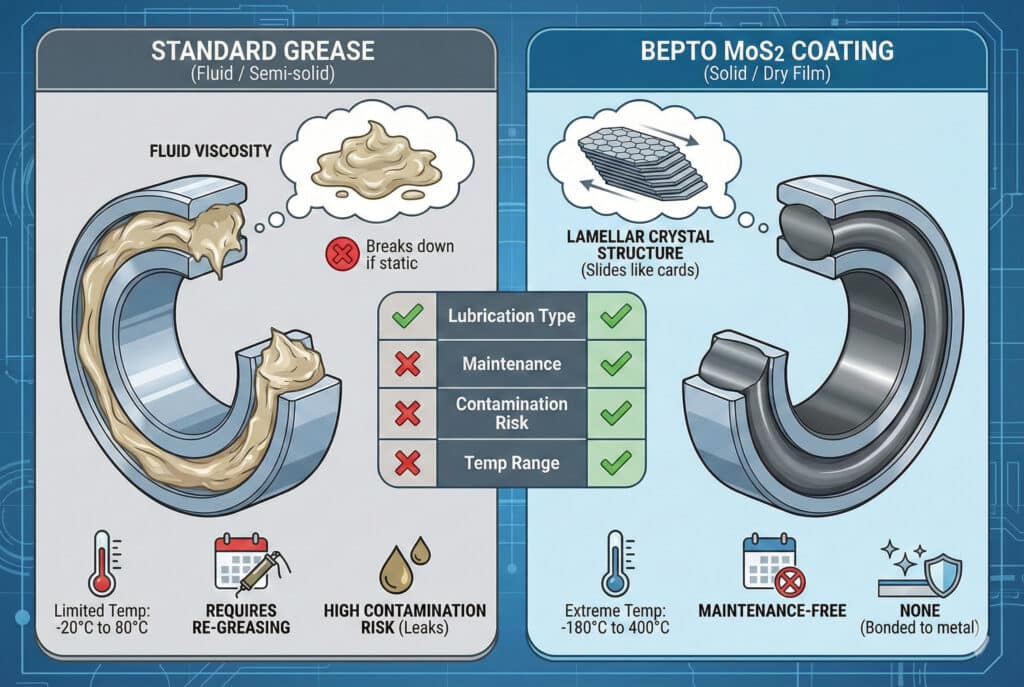 Infografika koja upoređuje "STANDARDNU MASNOĆU" i "BEPTO MoS2 PREMAZ". Lijeva ploča ilustrira "TEČNU VISKOZNOST" masti koja se "raspada ako je statična", "ZAHTEVA PONOVNO PODMAZIVANJE", ima "VISOK RIZIK OD KONTAMINACIJE" i "ograničenu temperaturu: -20°C do 80°C". Desni panel ističe 'LAMELARNU KRISTALNU STRUKTURU" MoS2 (klizi poput karata), koja je "BEZ ODRŽAVANJA", s rizikom od kontaminacije "NEMA" (vezana za metal) i "ekstremnom temperaturom: -180°C do 400°C". Centralna tabela sažima ove tačke pomoću kvačica i križeva.