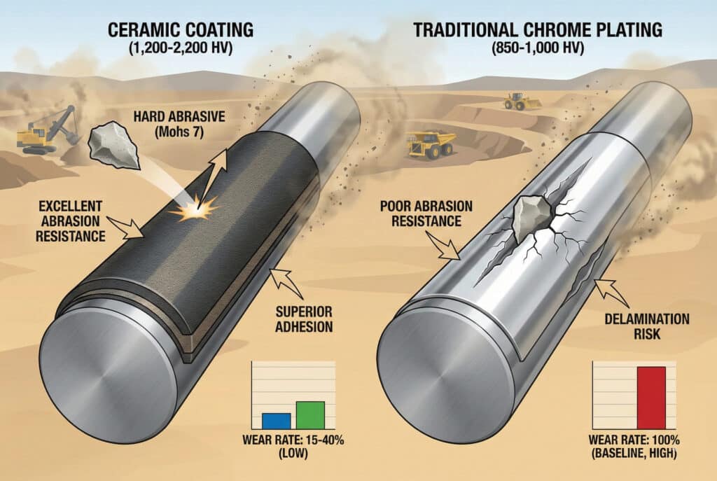 Tehnička infografika koja uspoređuje izdržljivost cilindrične šipke obložene keramikom i tradicionalne kromirane šipke u rudarskom okruženju. Keramički premaz (1.200–2.200 HV) prikazuje tvrdu abrazivnu česticu koja odskoči, pokazujući superiornu otpornost na abraziju i adheziju uz nisku stopu habanja. Kromirani premaz (850–1.000 HV) prikazuje česticu koja uzrokuje pucanje i delaminaciju, ukazujući na slabu otpornost i visoku osnovnu stopu habanja.