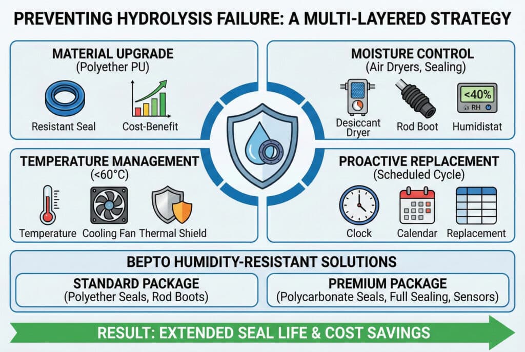 Tehnička infografika pod naslovom "SPREČAVANJE NEUSPJEHA HIDROLYZE: VIŠESLOJNA STRATEGIJA". U njoj se detaljno opisuju četiri strategije: "POBOLJŠANJE MATERIJALA" (polieterski PU, otporni brtveni prsten, omjer troška i koristi); "KONTROLA VLAGE" (sušila zraka, zaštitni navlak za šipku, higrostat <40% vlažnosti); "UPRAVLJANJE TEMPERATUROM" (<60 °C, hlađenje, termički štit); i "PROAKTIVNA ZAMJENA" (planirani ciklus, kalendar). Ispod su "BEPTO RJEŠENJA OTPORNA NA VLAŽNOST" (Standardni i Premium paketi). Zelena strelica na dnu označava "REZULTAT: PRODUŽEN VEK TRAJANJA ZATVARAČA I ŠTEDNJA TROŠKOVA".