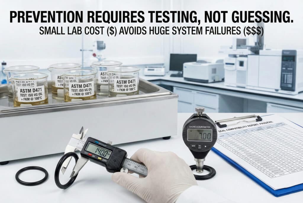 Laboratorijska postavka za ispitivanje brtvila prema standardu ASTM D471, koja prikazuje erlenmajce s uljem u grijanoj kupki, ruku u rukavicama koja pomoću kalipera mjeri O-prsten i durometar za ispitivanje tvrdoće. Natpis ispod slike ističe da male investicije u ispitivanje sprječavaju skupe kvarove sustava.