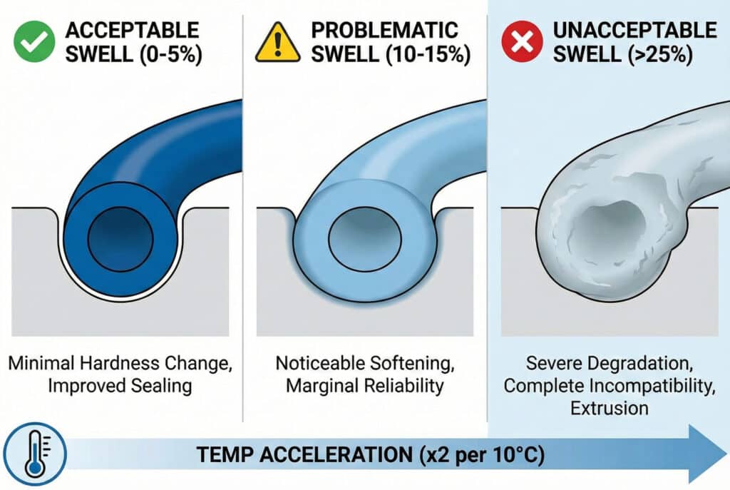 Tehnička infografika u tri panela koja ilustrira raspone bubrenja brtvila: "Prihvatljivo bubrenje" (0–51 TP3T) koje pokazuje dobro brtvljenje, "Problematično bubrenje" (10–151 TP3T) koje pokazuje omekšavanje i "Neprihvatljivo bubrenje" (>251 TP3T) koje pokazuje ozbiljnu degradaciju i ekstruziju. Donja traka ukazuje da temperatura ubrzava brzinu bubrenja.