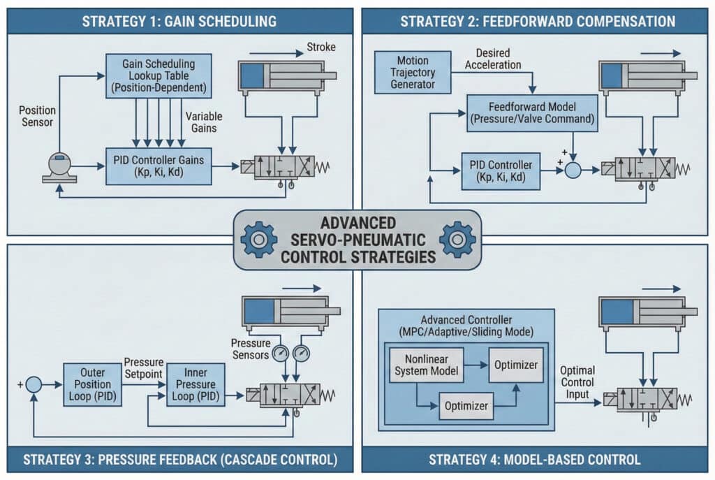 แผนภาพอินโฟกราฟิกเชิงเทคนิคที่มีชื่อว่า "กลยุทธ์การควบคุมเซอร์โว-นิวเมติกขั้นสูง" แผนภาพนี้แบ่งออกเป็นสี่ส่วน แผงด้านบนซ้าย, "กลยุทธ์ 1: การจัดตารางการเพิ่ม," แสดงเซ็นเซอร์ตำแหน่งที่ป้อนข้อมูลเข้าสู่ "ตารางค้นหาการจัดตารางการเพิ่ม (ขึ้นอยู่กับตำแหน่ง)," ซึ่งปรับ "ค่าการเพิ่มของตัวควบคุม PID (Kp, Ki, Kd)" สำหรับกระบอกลม. แผงด้านบนขวา, "กลยุทธ์ 2: การชดเชยแบบป้อนกลับ," แสดง "ตัวสร้างวิถีการเคลื่อนไหว" ที่ป้อน "อัตราเร่งที่ต้องการ" เข้าสู่ "แบบจำลองป้อนกลับ (คำสั่งแรงดัน/วาล์ว)" ซึ่งเพิ่มเข้ากับเอาต์พุตของตัวควบคุม PID แผงมุมล่างซ้าย, "กลยุทธ์ที่ 3: การป้อนกลับแรงดัน (การควบคุมแบบลำดับขั้น)," แสดง "วงจรตำแหน่งภายนอก (PID)" ที่สร้าง "ค่าตั้งแรงดัน" สำหรับ "วงจรแรงดันภายใน (PID)" โดยใช้ข้อมูลป้อนกลับจากเซ็นเซอร์แรงดัน แผงด้านล่างขวา, "กลยุทธ์ที่ 4: การควบคุมแบบจำลองฐาน," แสดงให้เห็น "ตัวควบคุมขั้นสูง (MPC/Adaptive/Sliding Mode)" ซึ่งประกอบด้วย "แบบจำลองระบบไม่เชิงเส้น" และ "ตัวปรับให้เหมาะสม" เพื่อกำหนด "ค่าควบคุมที่เหมาะสมที่สุด"