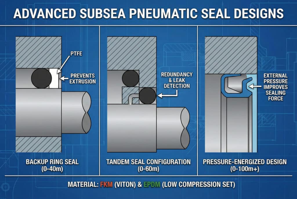 Tehnička infografika koja ilustrira tri napredna dizajna podvodnih pneumatskih brtvi na pozadini tehničkog crteža: rezervna prstenasta brtva za dubine od 0 do 40 m koja sprječava istiskivanje, tandem konfiguracija brtvi za dubine od 0 do 60 m koja pruža redundantnost i dizajn napajan pritiskom za dubine iznad 100 m gdje vanjski pritisak pomaže brtvljenju. Preporučeni materijali poput FKM-a i EPDM-a navedeni su ispod.