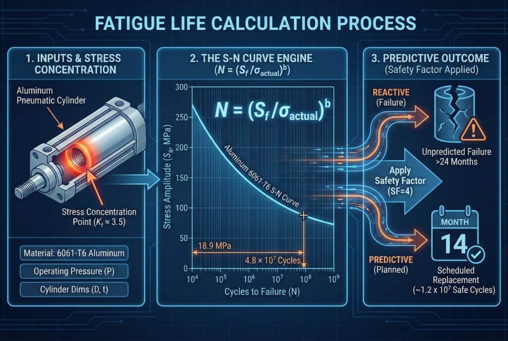 אינפוגרפיקה טכנית הממחישה את תהליך חישוב אורך חיי העייפות של צילינדר אלומיניום. הלוח השמאלי מציג את נתוני הצילינדר ואת נקודת ריכוז הלחץ. הפאנל האמצעי ממחיש את עקומת S-N ואת המשוואה N = (Sf / σ_actual)^b, המתארת מתח של 18.9 MPa מול 4.8 x 10^7 מחזורים. הפאנל הימני מציג את התוצאה החזויה, תוך יישום מקדם בטיחות של 4 כדי לקבוע החלפה מתוכננת לאחר 14 חודשים, לעומת כשל בלתי צפוי.