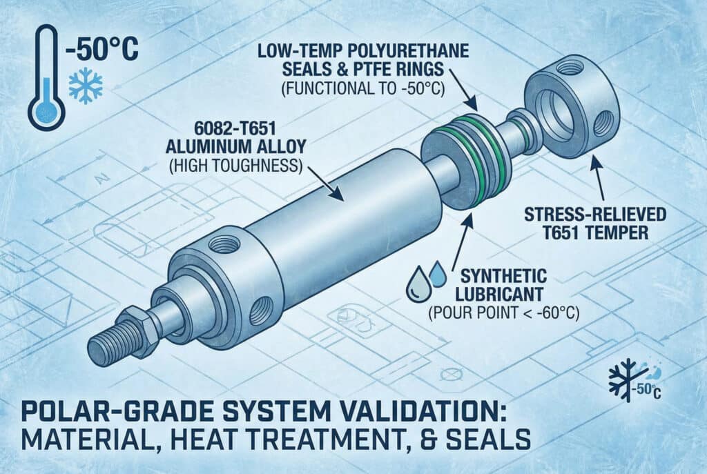 Tehnički dijagram eksplodiranog prikaza pneumatskog cilindra polarnog ranga na pozadini zamućenog tehničkog crteža. Ističe ključne karakteristike za rad u hladnim uslovima, uključujući cijev od "6082-T651 LEGURE ALUMINIJA", komponente od "T651 TEMPERA BEZ NAPETOSTI", "POLIURETANSKE BRTVE ZA NISKE TEMPERATURE I PTFE PRSTENOVI" funkcionalni do -50°C, i "SINTETIČKO PODMAZIVO" s tačkom tečenja ispod -60°C. Ikona termometra označava ocjenu od -50°C.