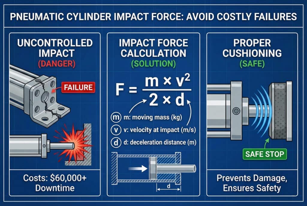 Három panelből álló technikai infografika, amely bemutatja a szabályozatlan pneumatikus henger ütközésének veszélyeit, az ütközési erő kiszámításának képletét (F = mv² / 2d) és a megfelelő lengéscsillapítás előnyeit a biztonságos leállás és a költséges meghibásodások megelőzése szempontjából.