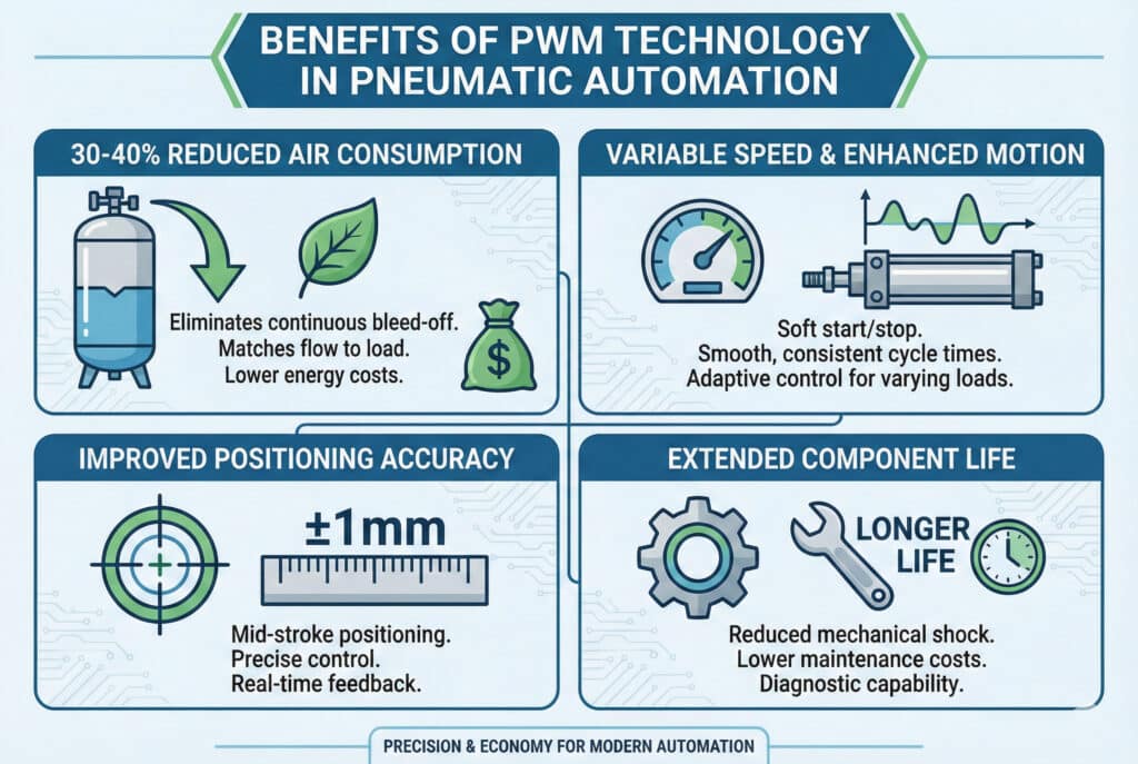 Infografika pod naslovom "Prednosti PWM tehnologije u pneumatskoj automatizaciji" ilustrira četiri ključne prednosti: smanjenu potrošnju zraka uz niže troškove energije za 30-40%, promjenjivu brzinu i poboljšano kretanje s mekim pokretanjem/zaustavljanjem i adaptivnom kontrolom, poboljšanu preciznost pozicioniranja unutar ±1 mm uz pozicioniranje na sredini hoda, te produžen životni vijek komponenti uz smanjene mehaničke šokove i niže troškove održavanja.
