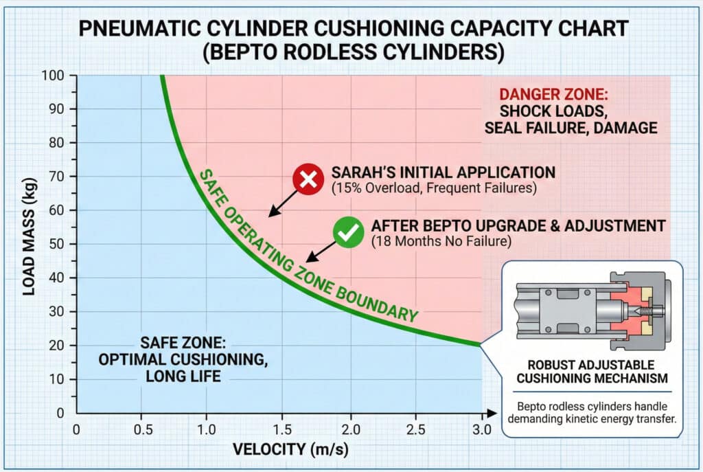 Tehnički grafikon pod nazivom "Grafikon sposobnosti prigušivanja pneumatskog cilindra (Bepto cilindri bez klipa)" prikazuje masu opterećenja (kg) u odnosu na brzinu (m/s). Zeleni zakrivljeni crtež definira "Granicu sigurne radne zone", odvajajući plavu "Sigurnu zonu" (optimalno prigušivanje) od crvene "Zone opasnosti" (udarni opterećenja, kvar). Podatak označen crvenim X-om prikazuje "Početnu primjenu Sarah" u zoni opasnosti zbog preopterećenja 15%, što je uzrokovalo kvarove. Strelica pokazuje na zelenu kvačicu u sigurnoj zoni, koja predstavlja primjenu "Nakon nadogradnje i podešavanja Bepto", što je rezultiralo 18 mjeseci bez kvarova. Umetnuti dijagram ilustrira robusni podesivi mehanizam za prigušivanje.