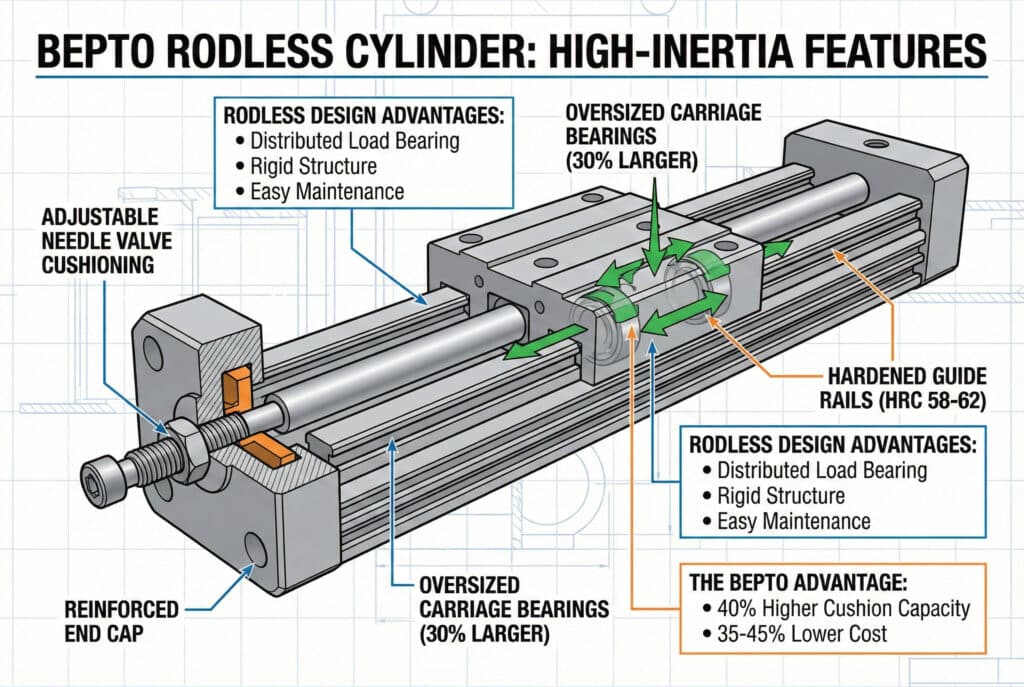Detaljna ilustracija presjeka Bepto cilindra bez klipa na pozadini tehničke crteža, koja ističe ključne karakteristike za primjene s visokom inercijom. Prikazuje podesivo prigušivanje igličastim ventilom, prevelike ležajeve kolica s 30% većom površinom, kaljene vodilice (HRC 58-62) i ojačane krajnje kapice. Tekstualni okviri ističu "PREDNOSTI BEZŠIPCA DIZAJNA" i "PREDNOST BEPTO", uključujući 40% veći kapacitet prigušivanja i 35-45% niži trošak.