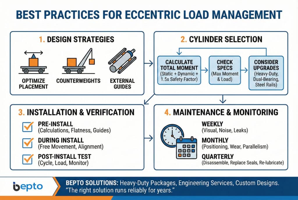 อินโฟกราฟิกที่ครอบคลุมหัวข้อ "แนวทางปฏิบัติที่ดีที่สุดสำหรับการจัดการโหลดแบบไม่สมมาตร" แบ่งออกเป็นสี่ส่วน: "1. กลยุทธ์การออกแบบ" พร้อมไอคอนสำหรับการปรับตำแหน่งให้เหมาะสม, น้ำหนักถ่วง, และตัวนำภายนอก; "2. การเลือกกระบอกสูบ" พร้อมแผนผังการไหลสำหรับการคำนวณโมเมนต์, การตรวจสอบสเปค, และการพิจารณาการอัปเกรด; "3.การติดตั้งและการตรวจสอบ" พร้อมรายการตรวจสอบสำหรับการทดสอบก่อนติดตั้ง ระหว่างการติดตั้ง และหลังการติดตั้ง; และ "4. การบำรุงรักษาและการตรวจสอบ" พร้อมตารางการตรวจสอบรายสัปดาห์ รายเดือน และรายไตรมาส. โลโก้ Bepto และโซลูชันอยู่ที่ด้านล่าง.