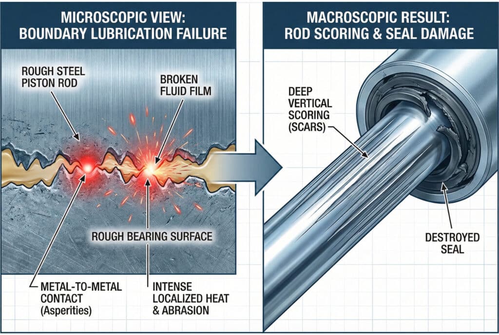 A technical infographic illustrating the cause and effect of cylinder rod damage. The left panel, "MICROSCOPIC VIEW: BOUNDARY LUBRICATION FAILURE," shows a magnified cross-section of a rough piston rod and bearing surface with a "BROKEN FLUID FILM." Red sparks indicate "METAL-TO-METAL CONTACT (Asperities)" causing "INTENSE LOCALIZED HEAT & ABRASION." An arrow points to the right panel, "MACROSCOPIC RESULT: ROD SCORING & SEAL DAMAGE," showing a realistic cylinder rod with "DEEP VERTICAL SCORING (SCARS)" and a "DESTROYED SEAL."