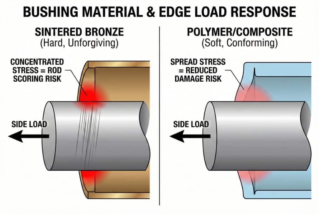 แผนภาพทางเทคนิคที่เปรียบเทียบบูชบรอนซ์เผาและบูชโพลิเมอร์/คอมโพสิตภายใต้แรงกดที่ขอบ บูชบรอนซ์ (ซ้าย) แสดงให้เห็นความเค้นที่เข้มข้นซึ่งนำไปสู่การเกิดรอยขีดข่วนบนแกน ในขณะที่บูชคอมโพสิต (ขวา) ปรับตัวเข้ากับความเค้นที่กระจาย ลดความเสี่ยงของความเสียหาย.