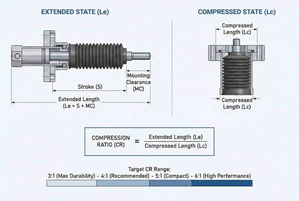 แผนภาพทางเทคนิคที่แสดงการคำนวณอัตราส่วนการบีบอัดของเบลโลว์สำหรับกระบอกลม แผงด้านซ้ายแสดง "สถานะขยาย (Le)" พร้อมเส้นขนาดสำหรับ "ระยะชัก (S)" และ "ระยะห่างในการติดตั้ง (MC)" แผงด้านขวาแสดง "สถานะบีบอัด (Lc)" พร้อมเส้นขนาดสำหรับ "ความยาวบีบอัด (Lc)" กล่องสูตรกลางระบุว่า "อัตราส่วนการอัด (CR) = ความยาวขยาย (Le) / ความยาวอัด (Lc)" ด้านล่างมีสเกล "ช่วงอัตราส่วนการอัดเป้าหมาย" แสดงอัตราส่วนที่เหมาะสมตั้งแต่ 3:1 ถึง 6:1 โลโก้ Bepto Pneumatics อยู่ที่มุมล่างขวา.