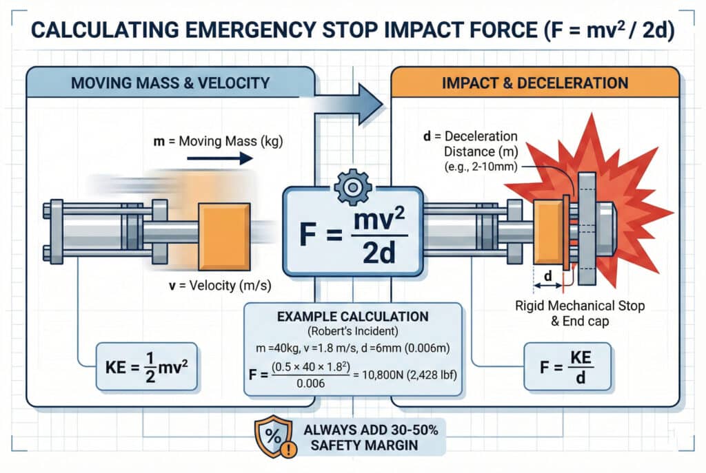 Tehnička infografika koja ilustrira izračunavanje sile udara pri hitnom zaustavljanju pomoću formule F = mv² / 2d. Lijevi panel prikazuje pokretnu masu (m) s brzinom (v), a desni panel prikazuje njen sudar s krutim mehaničkim zaustavljačem na kratkoj udaljenosti za usporavanje (d). Centralna formula je istaknuta. Primjer proračuna za "Incident Roberta" sa m=40 kg, v=1,8 m/s i d=6 mm daje F=10 800 N. Sigurnosna napomena na dnu preporučuje dodavanje margina od 30-50%.