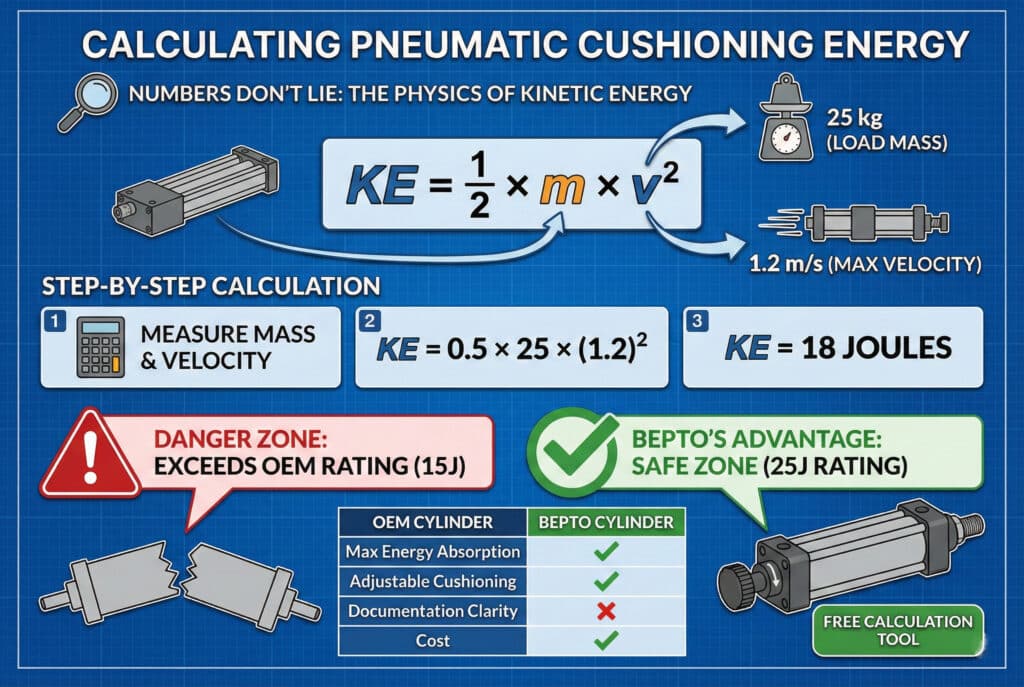 Infografika pod naslovom "PRORAČUN AVIONSKE ENERGIJE UDOBNJA" na pozadini nacrta, koja ilustrira fiziku kinetičke energije. Velika formula prikazuje "KE = ½ × m × v²", s strelicama koje upućuju na vagu s natpisom "25 kg (MASENA OPTERETNOST)" i na pomični cilindar bez klipa s natpisom "1,2 m/s (MAXIMALNA BRZINA)". Protok korak-po-korak izračuna prikazuje proces, završavajući s "KE = 18 JOULI". Upozorenje "ZONA OPASNOSTI" ukazuje da 18 džula prelazi ocjenu OEM-a od 15 J, prikazujući slomljeni cilindar. Odjeljak "BEPTOVA PREDNOST" prikazuje zelenu "SIGURNU ZONU" s ocjenom od 25 J, robusni Bepto cilindar i tablicu koja uspoređuje značajke poput maksimalne energije, podesivog prigušivanja i troškova, ističući Beptoovu nadmoć.